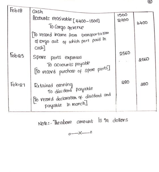 Feb 18 1500 2900 HOO Cash Accountc receivable [4400-1500] To Cargo Sevenue [To record income from transporta bion Of corgo ou