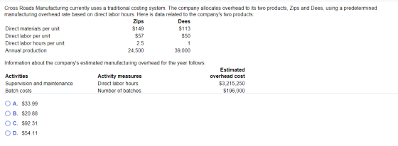 Cross Roads Manufacturing currently uses a traditional costing system. The company allocates overhead to its two products, Zi