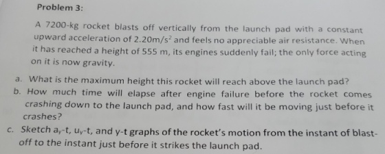 Problem 3: A 7200-kg rocket blasts off vertically from the launch pad with a constant upward acceleration of 2.20m/s? and feels no appreciable air resistance. Whe it has reached a height of 555 m, its engines suddenly fail; the only force acting on it is now gravity. a. What is the maximum height this rocket will reach above the launch pad? b. How much time will elapse after engine failure before the rocket comes crashing down to the launch pad, and how fast will it be moving just before it crashes? c. Sketch av-t, uy-t, and y-t graphs of the rockets motion from the instant of blast- off to the instant just before it strikes the launch pad.
