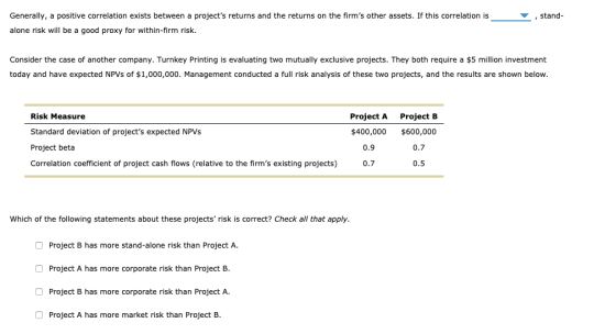 Generally, a positive correlation exists between a projects returns and the returns on the firms other assets. If this corr