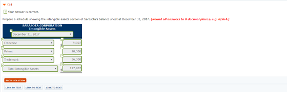 (a) Your answer is correct Prepare a schedule showing the intangible assets section of Sarasotas balance sheet at December 3