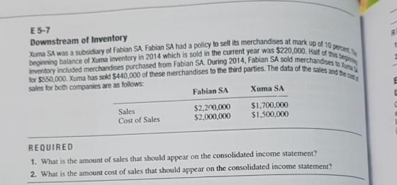 E 5-7 Downstream of Inventory Xuma SA was a subsidiary of Fabian SA. Fabian SA had a policy to sell its merchandises at mark
