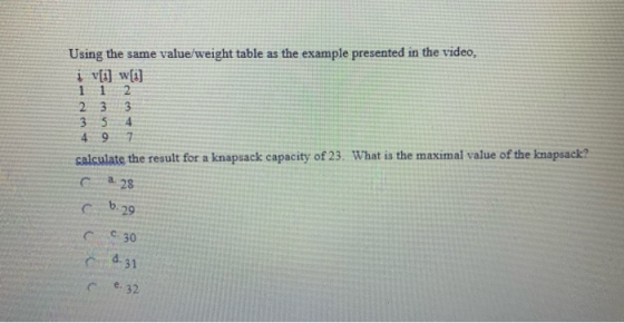 Using the same value/weight table as the example presented in the video, i v[i] w[i] 1 1 2 2 3 3 3 5 4 4 07 calculate the res