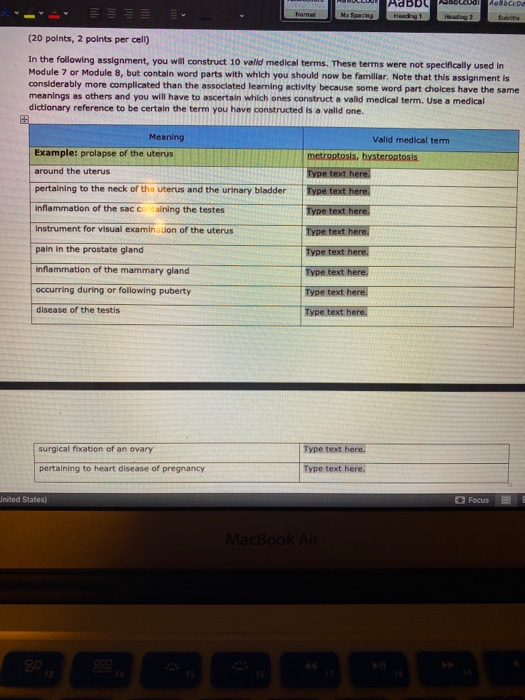 Adbu Heading Heading ? (20 points, 2 points per cell) In the following assignment, you will construct 10 valid medical terms.