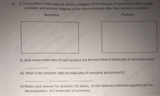 b) i) Using colours and a legend, sketch a diagram of 4 molecules of ammonia inside a sealed container and another diagram of