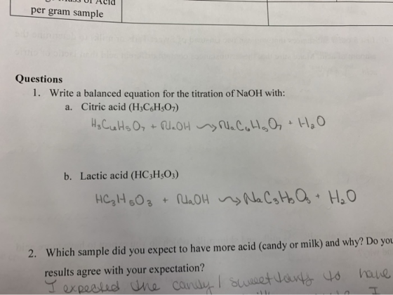 U HUJJ UI Auld per gram sample Questions 1. Write a balanced equation for the titration of NaOH with: a. Citric acid (H3C6H50