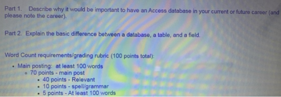 Part 1. Describe why it would be important to have an Access database in your current or future career (and please note the c