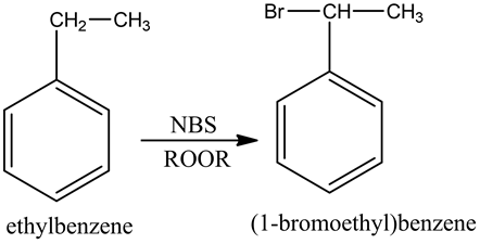 CH2-CH3
Br—CH-CH3
NBS
ROOR
ethylbenzene
(1-bromoethyl)benzene
