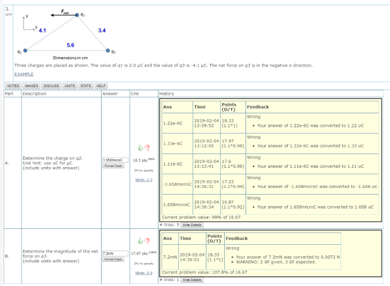 1274 4.1 3.4 5.6 Dimensions in cm Three charges are placed as shown. The value of qi is 2.0 μC and the value of q3 is-4.1 μC.