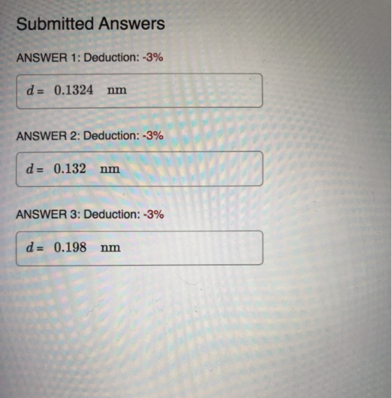Submitted Answers ANSWER 1: Deduction: -3% d= 0.1324 nm ANSWER 2: Deduction: -3% d= 0.132 nm ANSWER 3: Deduction: -3% d= 0.19