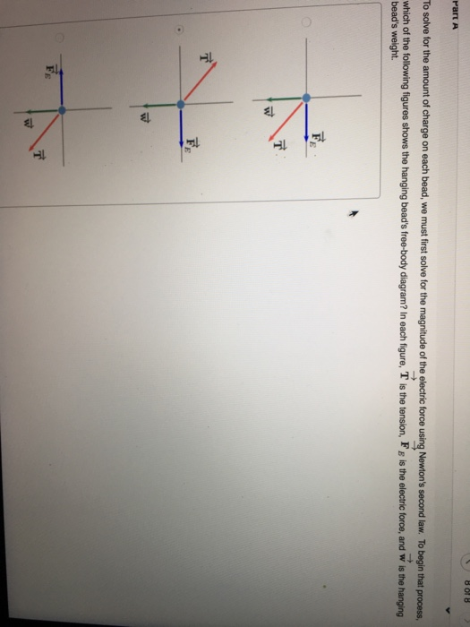 Pat A to solve for the amount of charge on each bead, we must first solve for the magnitude of the electric force using Newtons second law. To begin that process which f t foowigfiqures shows the hanging beads froo bodoy dlagram? In oach tguro, T is the tenson, Fe s the oleceric force, and w s the hanging beads weight