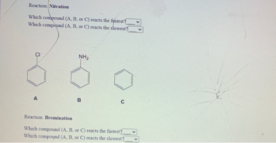 Reaction: Nitration Which compound (A, B, or C) reacts the fastest Which compound (A, B, or C) reacts the slowest? V ci NH2 A