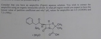Consider that you have an ampicillin Fire) o solution. You wish to the ampicillin using an organic immiscine solvent in what