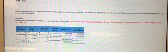 e some of its finance perfomance measurements including components of the retum Kral Company recently had a computer anson an