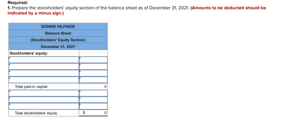 Required: 1. Prepare the stockholders equity section of the balance sheet as of December 31, 2021. (Amounts to be deducted s