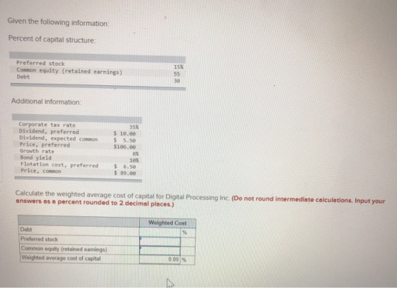 Given the following information: Percent of capital structure: Preferred stock Common equity (retained earnings) Debt Additio