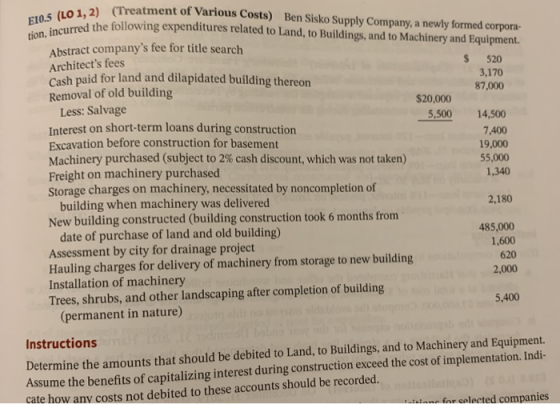E10.5 (LO 1, 2) (Tre tion, incurred the fol 1.2) (Treatment of Various Costs) Ben Sisko Supply Company, a newly formed corpor