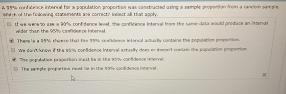 A 95% confidence interval for a population proportion was constructed using a sample proportion from a random sample. Which o