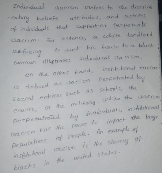 Individual ㄵacism unefer s to the discrimi natory beliefs atii ot individuals thot Support or Penpe tualz uacismfor instance, a stuite landlord ue-fusi soman ilugtrates indwidital da ersm beliefs ati tuda s, and actran to sent his house too black an the othon hand, ishuthanal yacism is defined as Uacism Penpetroted Social entihes such as schoot s, he counts, ar the military unli perpe tatratad hy İndwidual s, n stihthonal ka the nacism hee lange has the pewe to impact uacism Pa Pulations Peapla. Pn exo exampla of n stidu hoal acism is the slaver blacks in Hhe united stakes