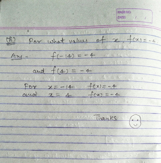 PAGE NO. DATE: ch2 Any for what values of a feas= -4 f(-14) = -4 and f(4) = - 4 x = - 14 for and fex)= - 4 f(x) = -4 X= 4 Tha