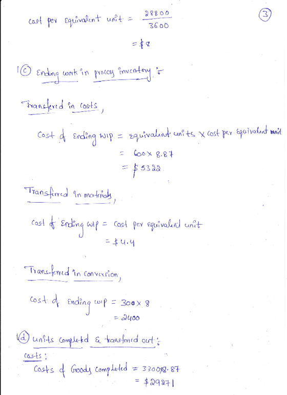 cost per equivalent unit = ale 3600 © Ending work in proccy inventory Transfered in costs, Cost of Ending wip = equivalent wh