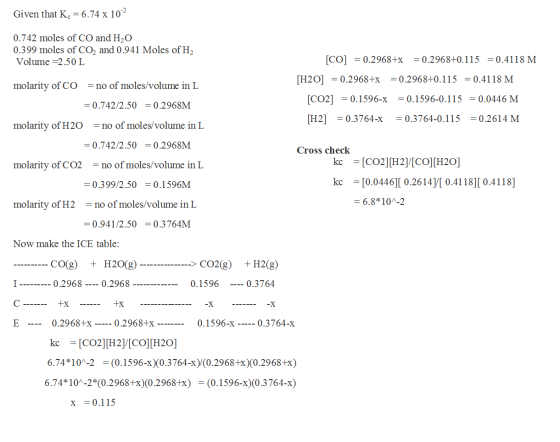 Given that K. = 6.74 x 102 0.742 moles of CO and H2O 0.399 moles of CO2 and 0.941 Moles of H2 Volume =2.50 L [CO] = 0.2968+x