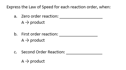 Express the Law of Speed for each reaction order, when: a. Zero order reaction: A → product b. First order reaction: A produc