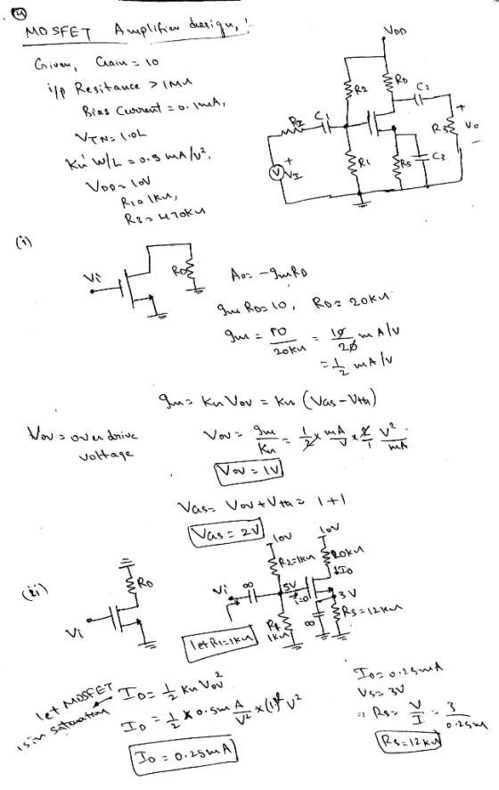 Voo MOSFET Amplifion design, Given Chain = 10 lp Resitance > lmu Bias Current = 0.1A, Neno LOL km whh 2015 malu? a mutta m C3