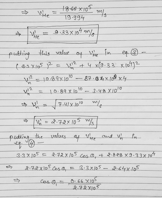 Vio = 78.66x105 T9.994 m/ n لود 9.33x 104 m/s He putting this value The eqe 3 (3.3x105 72 2012 of in + 4 x(9.33 x 10472 87.62