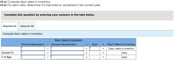 (4-a) Compute days sales in inventory. (4-b) For each ratio, determine if it improved or worsened in the current year. Compl