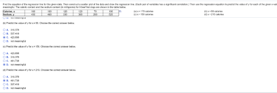 Find the equation of the regression line for the given data. Then construct a scatter plot of the dsta and drew the regression line. (Each pair of variables has s significant correlation.) Then use the regression equation to predict the value of y for each of the given x-val meaningful. The caloric content and the sodium content (in milligrams) for 6 beef hot dogs are shown in the table belo 120 380 (a)% = 170 calories (c) x = 150 calories (b) x 90 calories (d) x 210 calories Calories, X 160 430 180 480 120 330 70 290 190 520 (b) Predict the value ofyfor-90. Choose the correct answer below. OA. 310.378 B. 537.418 c. 423.898 0 D. not meaningful (c) Predict the value of y forx 150, Choose the correct answer below. A. 423.898 B. 310.378 O c. 461.738 ⓔD. not meaningful (d) Predict the value ofyforx- 210. Choose the correct answer below OA, 310.378 B. 461.738 ° C. 537.418 O D. not meaningful