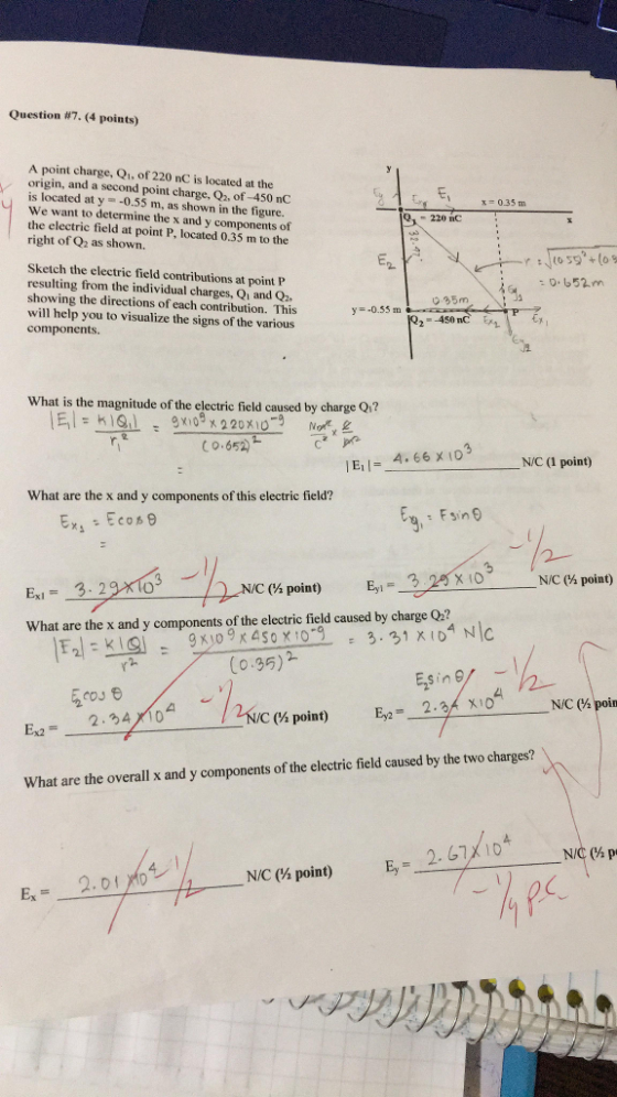 Question #7-4 points) A point charge, Qi, of 220 nC is located at the origin, and a second point charge, Q2, of-450 nC is located at y -0.55 m, as shown in the figure. We want to determine the x and y components of the electric field at point P, located 0.35 m to the right of Q as shown. E, 0.35 m -220 nC Sketch the electric field contributions at point P resulting from the individual charges, Qi and Q2 showing the directions of each contribution. This will help you to visualize the signs of the various components. 0. 652m 025m y=-0.55 m Cy What is the magnitude of the electric field caused by charge Q? C0.652 [E1|-4-66X103 NIC (1 point) What are the x and y components of this electric field? /2 N/C (½ point) C ( point) What are the x and y components of the elecric field caused by charge Qp? (0.35) N/C (½ 2.24X10 /C (½ point) What are the overall x and y components of the electric field caused by the two charges? 2. 67X10 N/C (y, p Ey -NC (½ point) Ex