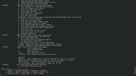-O OUTOPTS w: enable warnings when MIB symbols conflict W: enable detailed warnings when MIB symbols conflict R: replace MIB