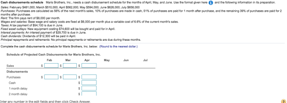 Cash disbursements schedule Maris Brothers, Inc., needs a cash disbursement schedule for the months of April, May, and June.