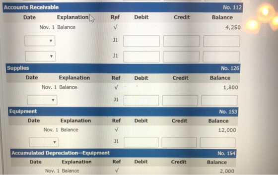 Accounts Receivable Explanations Nov. 1 Balance Date Ref Debit Credit No. 112 Balance 4,250 Supplies Date Debit Credit Explan
