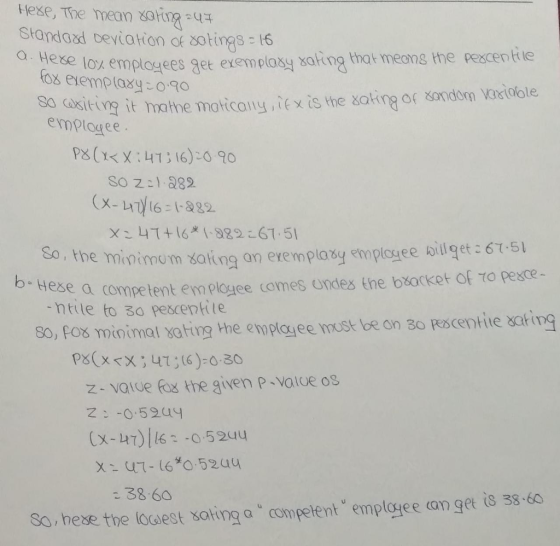 Hese, The mean saigu standoad beviation of sotings 16 hese 10% emplogees get exemplaxy 8ating that means the pescentie sa csiting it emploree x-L6832 the mivimom šaling an eremplasy emplagee billget :6T.51 fese a competent employee (ames ondes the backet OfTO pesce -ntile to 3o pescentte 80, pos minimal xating the emplayee must be on 30 eascentite sating z- vatue fox the given p Value o8 3860 8o, hese the lociest soting a competentemplagee an get is 38.60