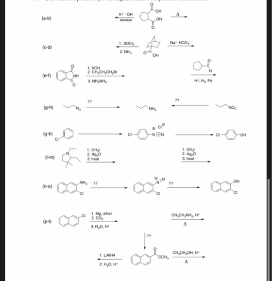 OH (a-b) K-OH excess OH NaHCO, (c-d) 1. SOCI 2. NH OH e-t) NH 1. кон 2. CH CH CH.BI 3. NHANH H. Hy Pd 22 ?? (g-h) NH NO (g-k)