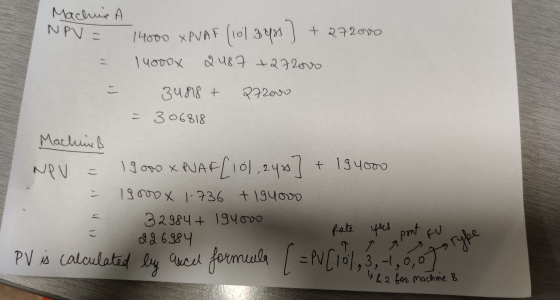 Machine NPV = 14000 XPVAF (10) 349] + 272000 luorox 2.487 +27200 = - 34818 + 272av = 306818 Machine B NPU 1 good x PUAF [10),