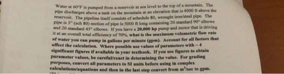 Water at 60°F is pumped from a reservoir pipe discharg reservoir. The pipeline itself consists of schedule 80, wrought iron/s