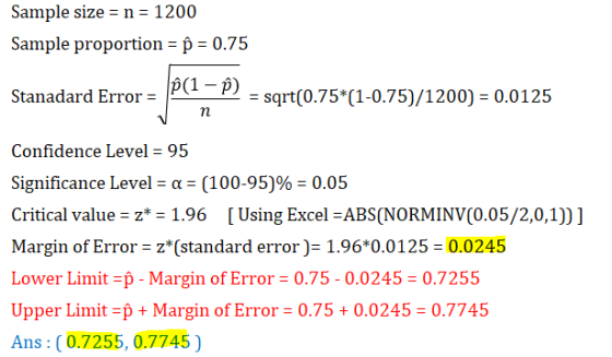 Sample size = n = 1200 Sample proportion = p = 0.75 Stanadard Error = P = sqrt(0.75*(1-0.75)/1200) = 0.0125 V n Confidence Le