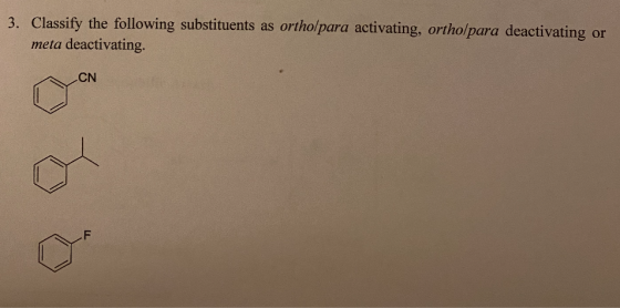 3. Classify the following substituents as orthol para activating, ortho/para deactivating meta deactivating. CN F