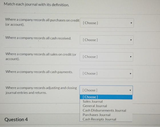Match each journal with its definition. Where a company records all purchases on credit (or account) [Choose] Where a company