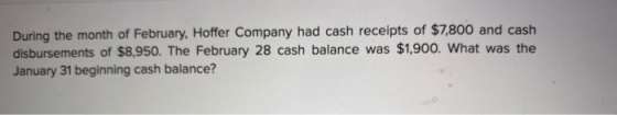 During the month of February, Hoffer Company had cash receipts of $7,800 and cash disbursements of $8,950. The February 28 ca
