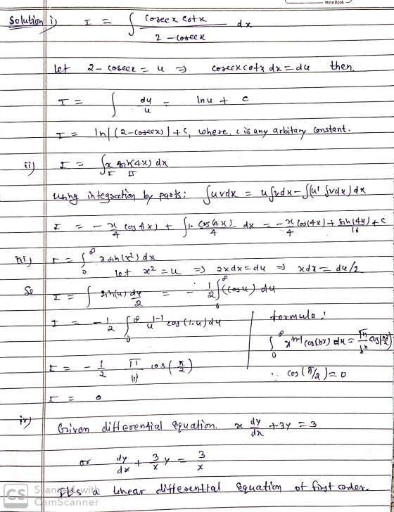 Mote Book Solution f Cosee a cota dx 2 -Coseen let 2- Coseel coseer cota dx = du then. T = du Inut constant. Int(2-coplex) +ę