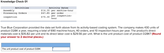 Knowledge Check 01 Activities Assembly Processing Orders inspection Activity Rates $14.35 per machine-hour $ 47.85 per order