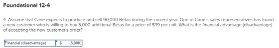 Foundational 12-4 4. Assume that Cane expects to produce and sell 90,000 Betas during the current year. One of Canes sales r