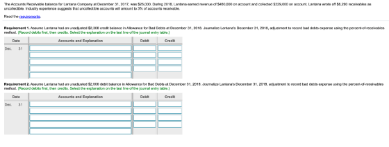 The Accounts Receivable balance for Lantana Company at December 31, 2017, was $26,000. During 2018. Lantana earned revenue of