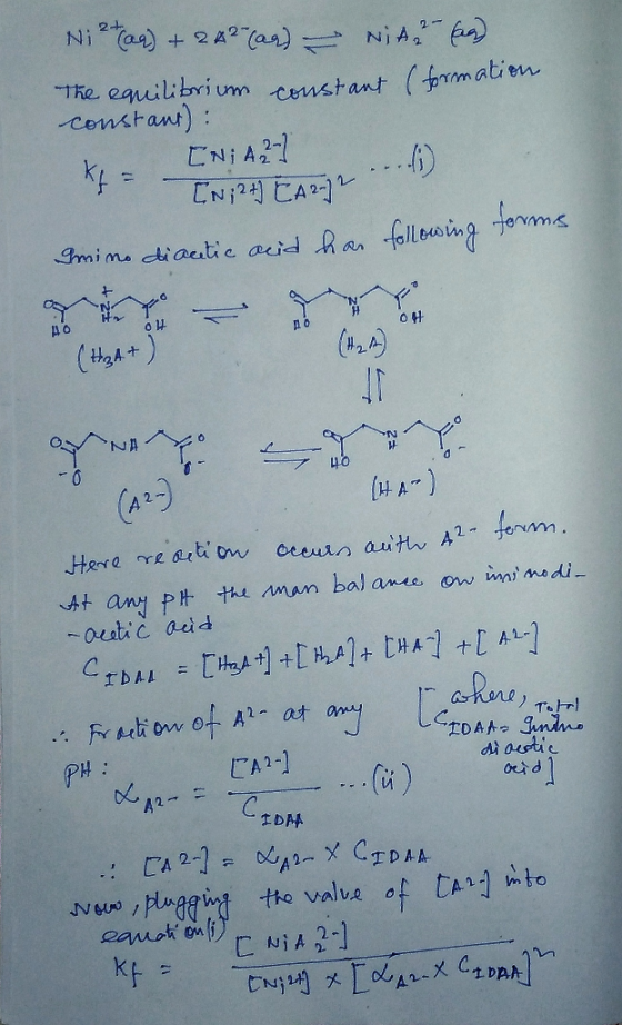 Ni 2+ (aq) + 2 A2 (ar) - Nitrag) The equilibrium constant (formation constant): x [Ni A2-] in At = [N; 2+] CAR mine diactic a