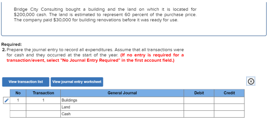 Bridge City Consulting bought a building and the land on which it is located for $200,000 cash. The land is estimated to repr