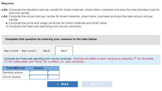 Required a.&b. Compute the standard cost per candle for direct materials, direct labor, overhead and also the total standard